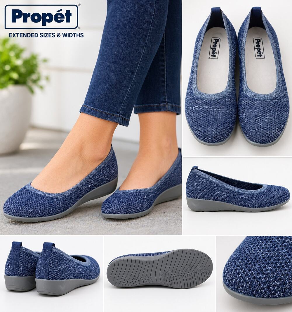 Propét Women's Navy Blue Knit Flats 8.5 X2E Extra Wide Comfort Shoes